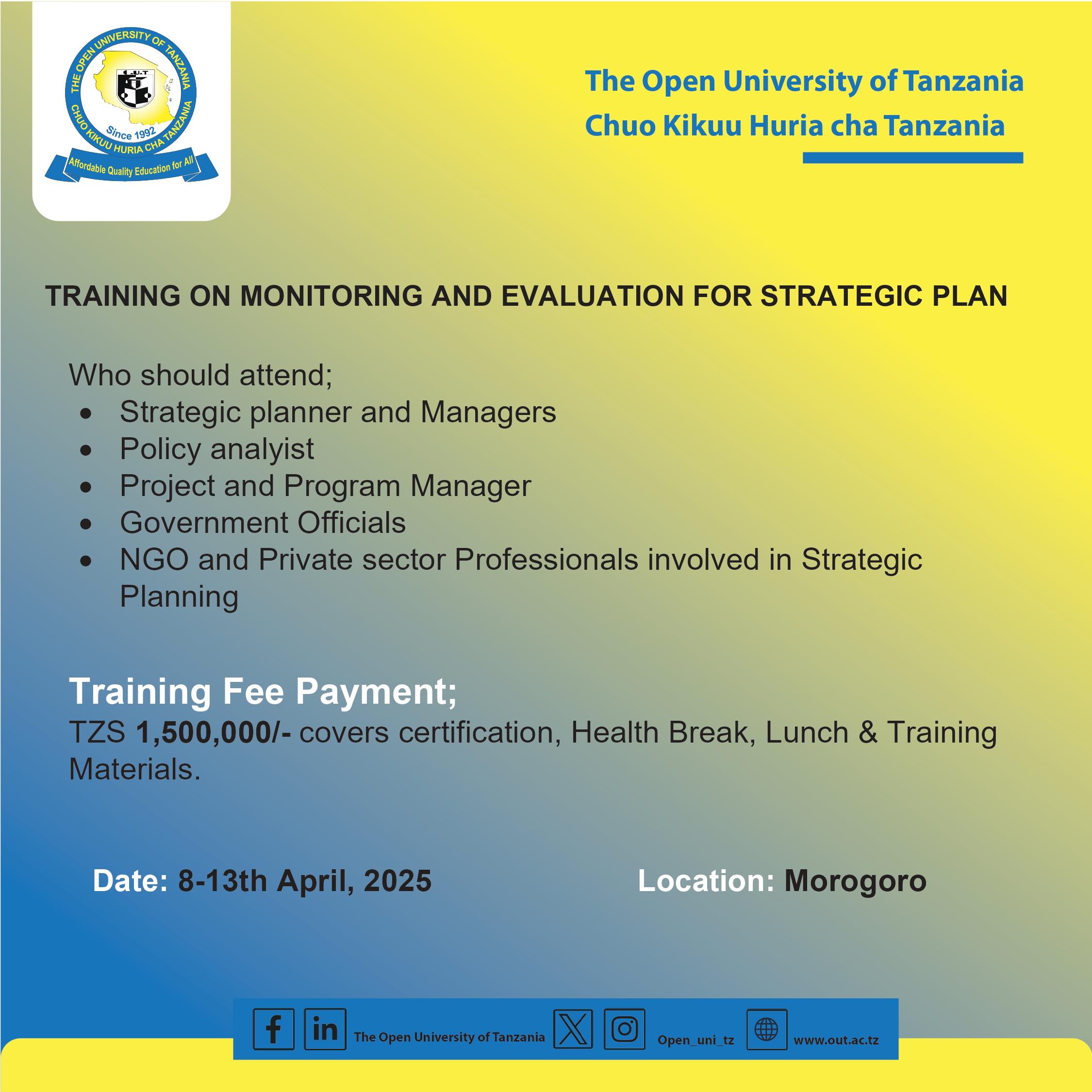 Training on Monitoring & Evaluation (M&E) for strategic Plan.