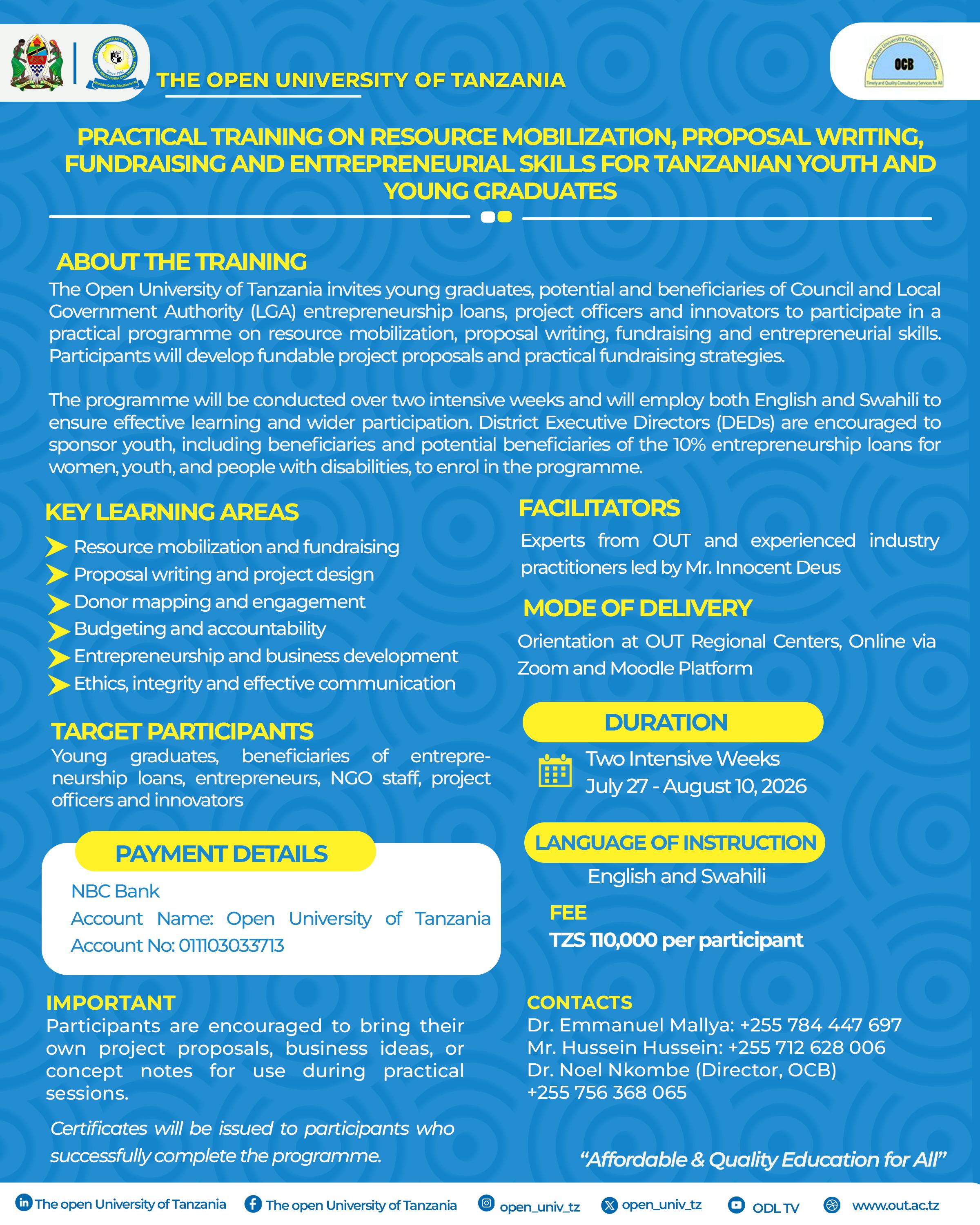 PRACTICAL TRAINING ON RESOURCE MOBILIZATION, PROPOSAL WRITTING, FUNDRAISING AND ENTREPRENEURIAL SKILLS FOR TANZANIAN YOUTH AND YOUNG GRADUATES