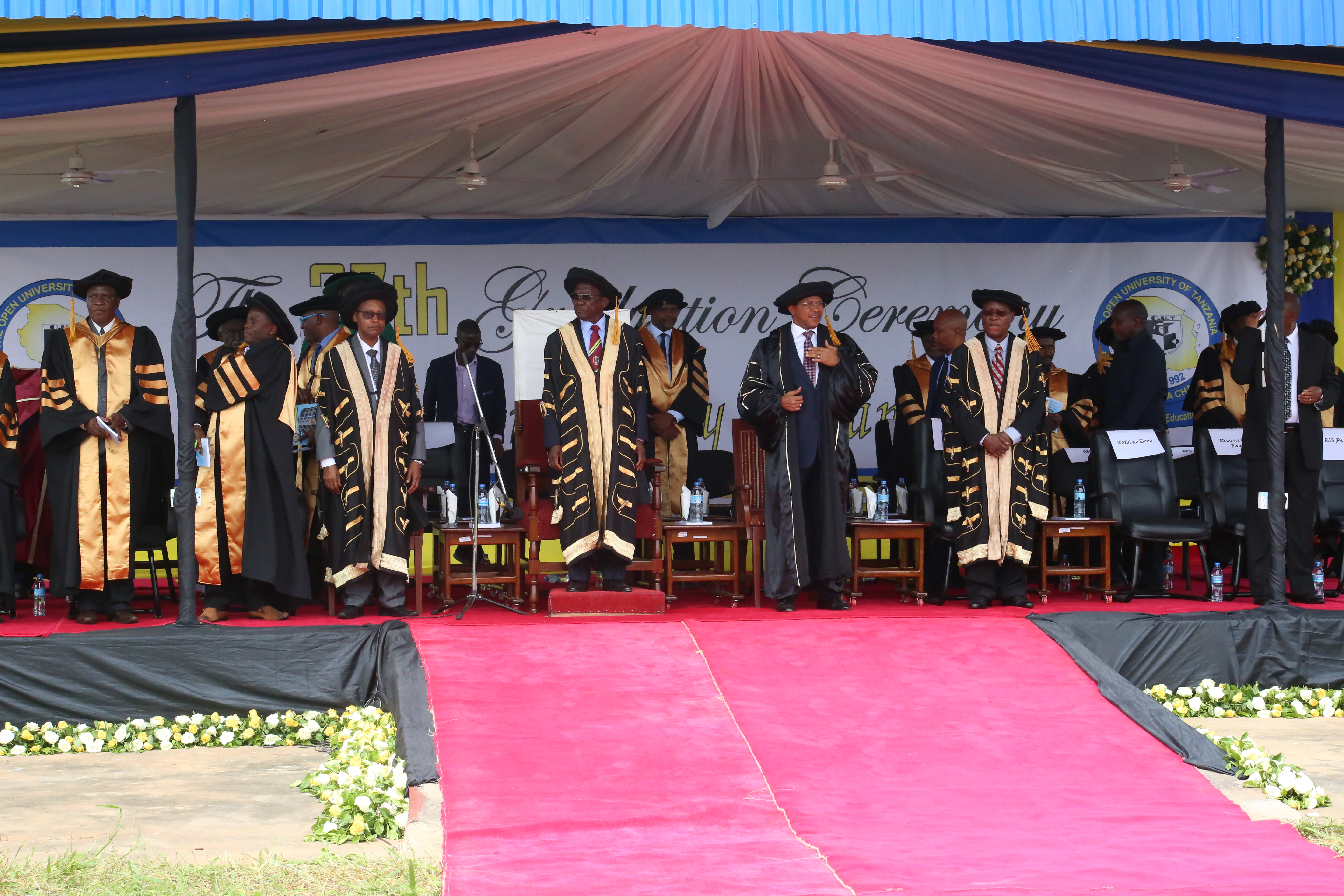 High table; guest of honor former President of the United Republic of Tanzania Hon. Dr. JakayaKikwete together with the management of the Open University of Tanzania shortly before the commencing of  37th graduation ceremonyof the Open University of Tanzania held on 28th September 2019 at Bungo, Kibaha
